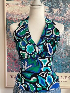 Vintage Y2K XOXO Floral Halter Top Small Ruffles Green Blue Fairy Boho Summer